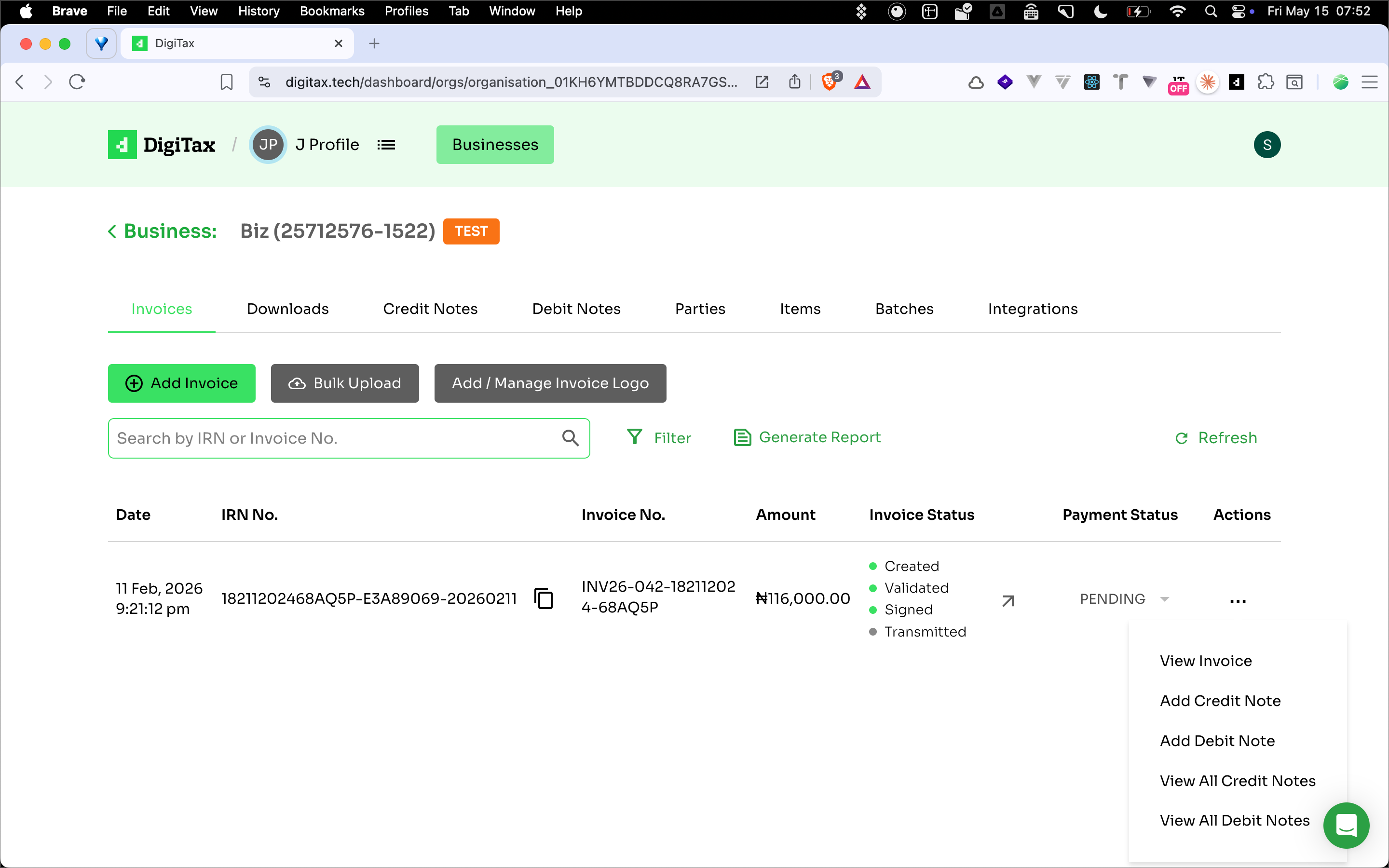 DigiTax Dashboard — Invoice Management